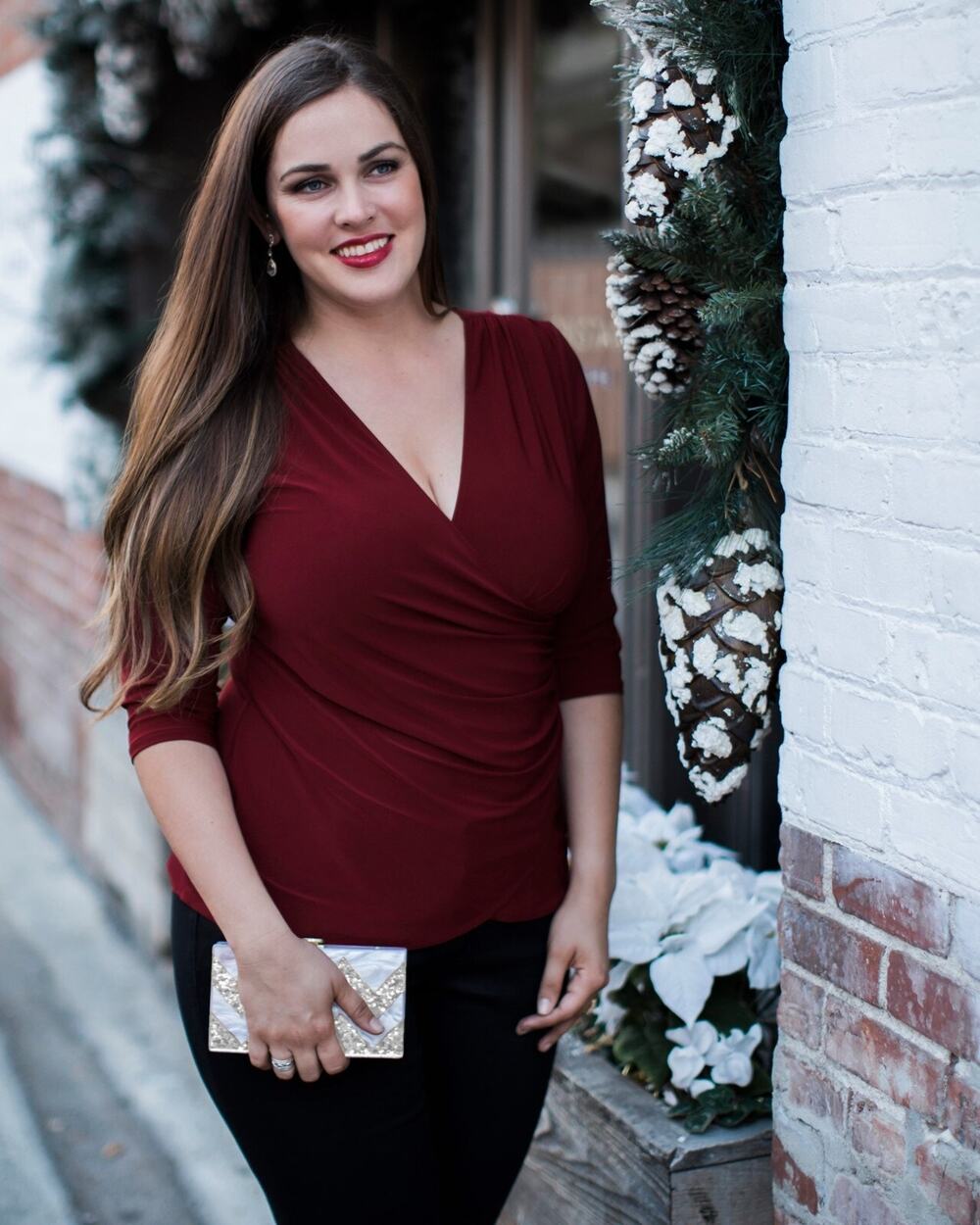 Kiyonna Top 2X Femme Fatale Faux Wrap Burgundy Red Ruched Slimming Colorful